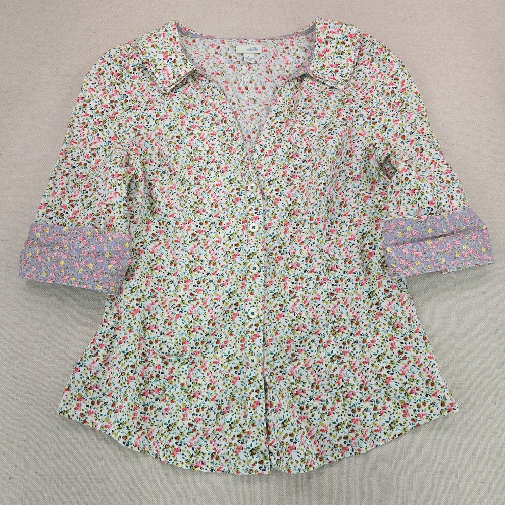 Anthropologie Odille Floral Button Down Shirt Blouse Size 4 3/4 Sleeve Cuffs